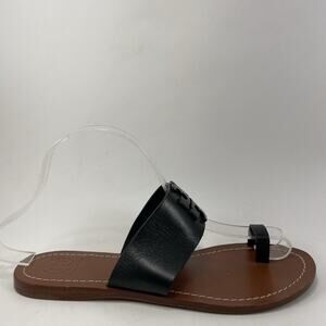 Tory Burch Lowell Toe-Ring Flat Sandal Womens Size 6.5 Black Leather Logo